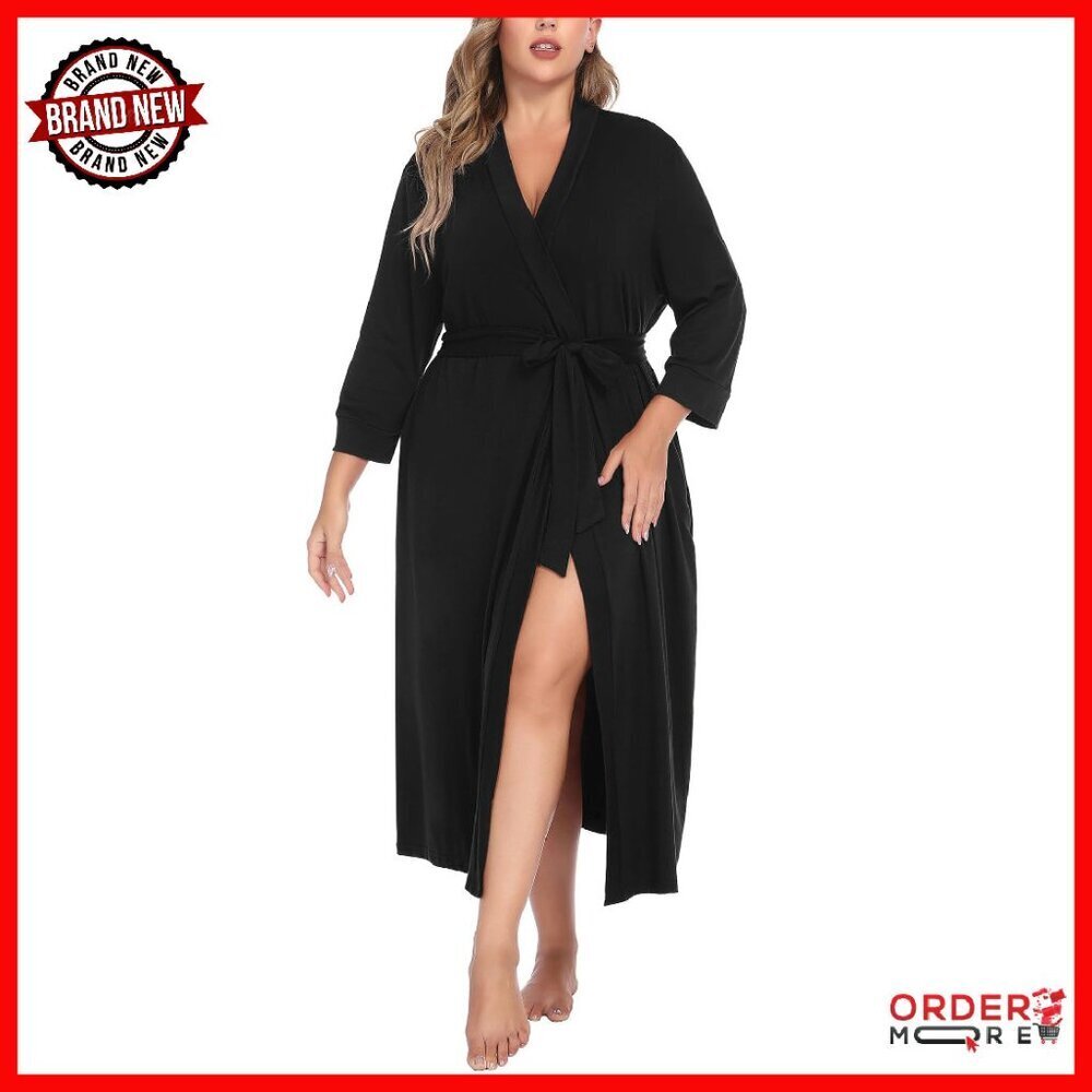 Plus Size Long Kimono Robe Lightweight Soft Loungewear 3/4 Sleeves Pockets